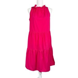 0039 Italy Karima Dress Womens Hot Pink 100% Cotton Poplin Tiered Ruffle Neck S